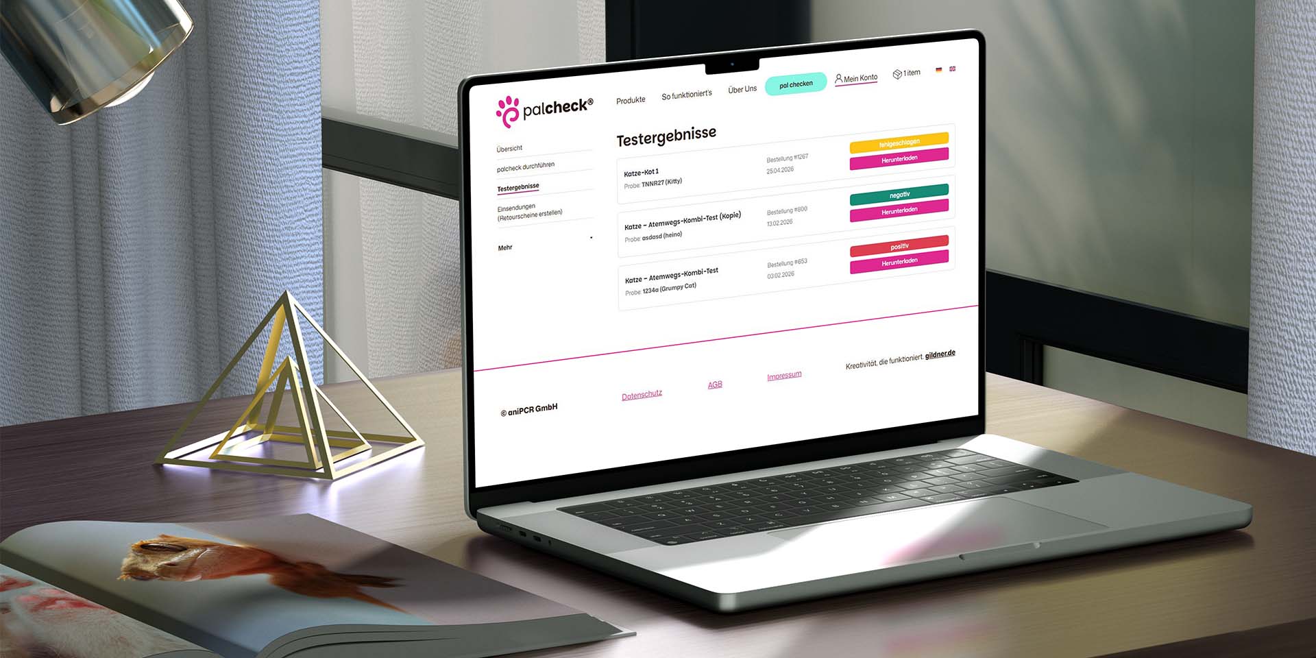 WooCommerce-Webshop von palcheck: Übersicht der Testergebnisse im Kundenkonto auf Laptop