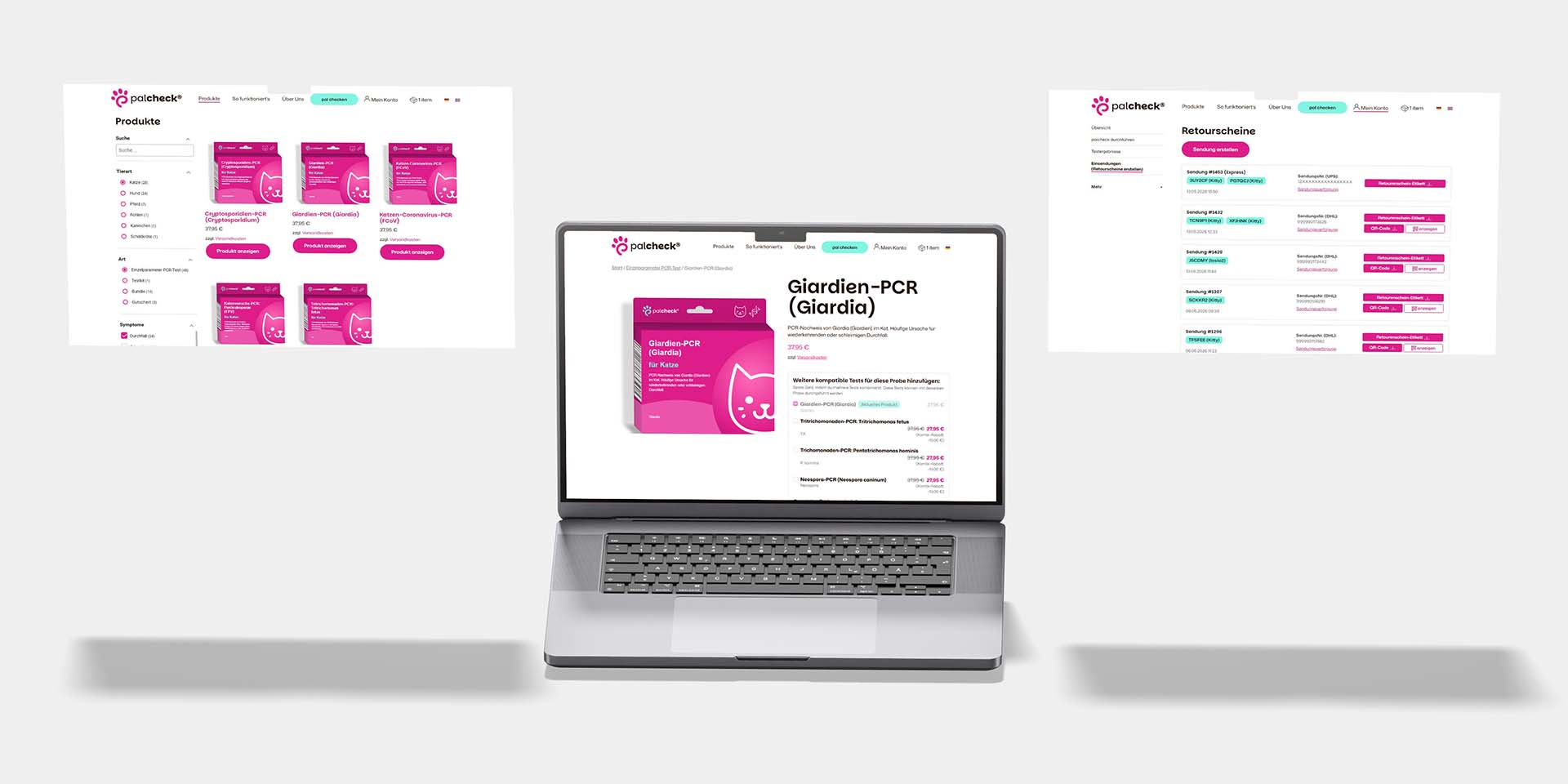 WooCommerce-Webshop von palcheck: Startseite, Produktdetailseite und Retourenschein-Übersicht auf Laptop und Desktop